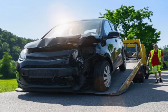 Junk car removal service with a tow truck transporting an abandoned vehicle for recycling.